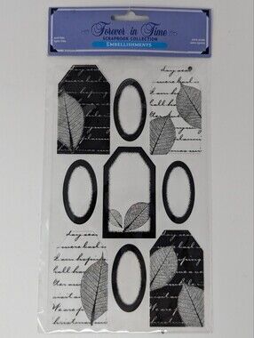 Forever in Time Scrapbook Embellishment Tag and Leaf Stickers Black White